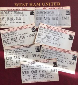 Very Rare 7 X West Ham United Match Day Tickets/oddities 1996/1997 (1 Is 1995)