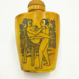 Rare Antique Chinese Hand - carved sex culture Cattle Bone snuff bottle C1 2