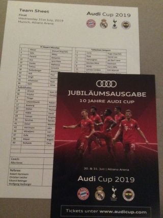Rare Team Sheet & Flyer - Tottenham Spurs V Bayern Munich Audi Cup 31 July 2019