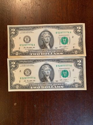 Crisp 2013 Uncirculated Usa $2 Two Dollar Bill Note Sequential Order Rare