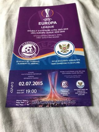 Alashkert V St Johnstone 2nd July 2015 Europa League Programme And Ticket Rare
