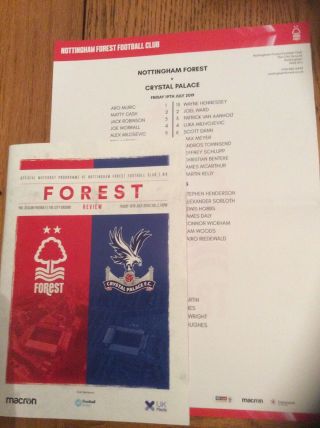 Nottingham Forest V Crystal Palace Rare Football Programme & Team Sheet 26/07/19
