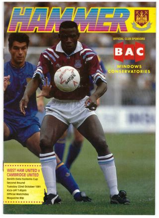 West Ham United V Cambridge United Rare Official Match Day Programme 22.  10.  91
