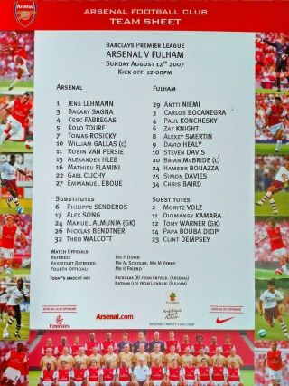 Arsenal V Fulham 12/8/2007 Barclays Premier League Official Teamsheet Very Rare