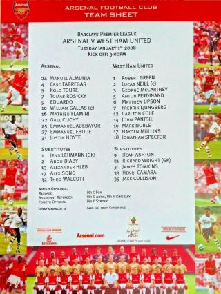 Arsenal V West Ham United 1/1/2008 Barclays Prem Lge Official Teamsheet.  V.  Rare