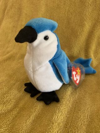 Ty " Rocket " Retired Beanie Baby With Rare Errors Blue Jay