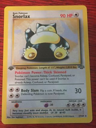 Pokemon Card Jungle 1st Edition Snorlax 27/64.  Rare Wotc