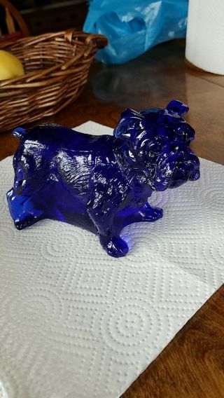 Large Cobalt Blue Art Glass Dog Bulldog Terrier ? Paperweight Animal Figure Rare