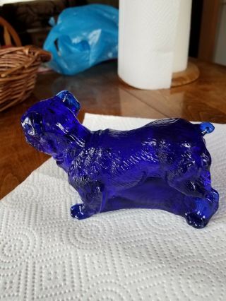 Large Cobalt Blue Art Glass Dog Bulldog Terrier ? Paperweight Animal Figure Rare 5