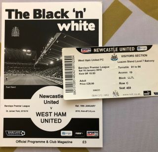Rare Newcastle Utd Vs West Ham United 2015 / 2016 Programme & Ticket - P&p