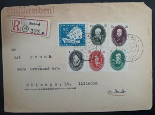 Rare 1950 Germany (ddr) Registd Cover Ties 6 Stamps Canc Stendal To Chicago Usa