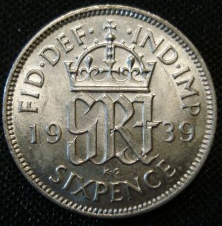 1939 George Vi Silver Sixpence Coin Rare Thus