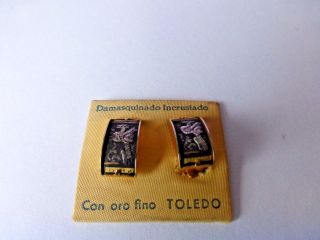 Retro Rare Clip On Damascene Toledo Spain With Gold Inlaid On Card