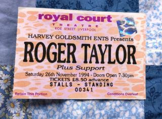 Roger Taylor (queen) Rare 1994 Solo Tour Concert Ticket Liverpool