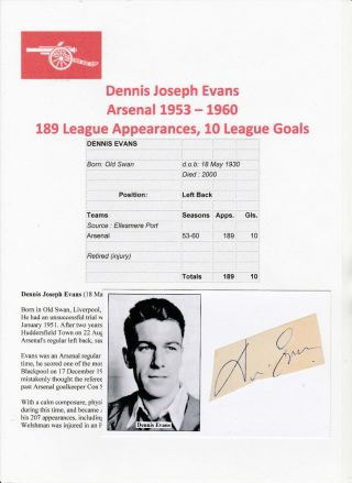 Dennis Evans Arsenal 1953 - 1960 Rare Autograph Cutting On Postcard