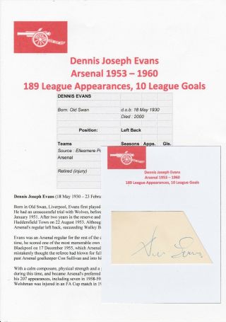 Dennis Evans Arsenal 1953 - 1960 Rare Autograph Cutting/card