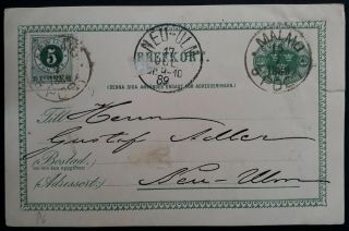 Rare 1889 Sweden Stamped Postcard With Extra 5 Ore Green Stamp Canc Malmo