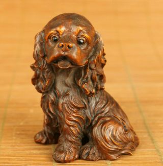 Rare Old Boxwood Hand Carving Long Hair Dog Statue Figure Netsuke Decoration