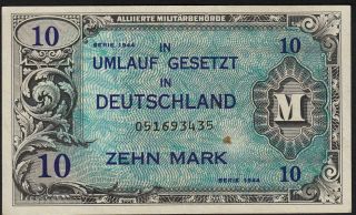 1944 10 Mark Germany Ally Occupation Rare Vintage Money Banknote Wwii P 194b Xf