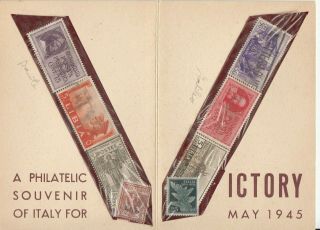 RARE WW2 BRITISH FORCES in ITALY May 1945 souvenir stamps in ' VICTORY ' folder. 2