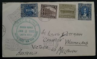 Rare 1933 Guatemala Grace Line Maiden Voyage Cover Ties 4 Stamps To Australia