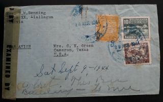Rare 1944 Bolivia Censor Airmail Cover Ties 3 Stamps Canc Llanllangua To Usa
