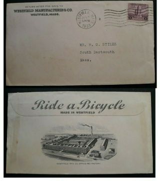 Rare 1933 United States Cover Ties 3c Stamp Canc Westfield " Ride A Bicycle "
