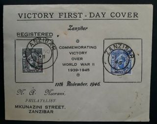 Rare 1946 Zanzibar Victory In Ww2 Fdc Ties 2 Stamps Canc Zanzibar