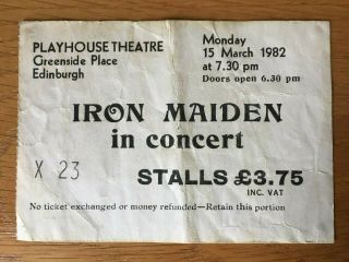 Rare 1982 Iron Maiden Concert Ticket Stub Edinburgh Playhouse Rock Heavy Metal