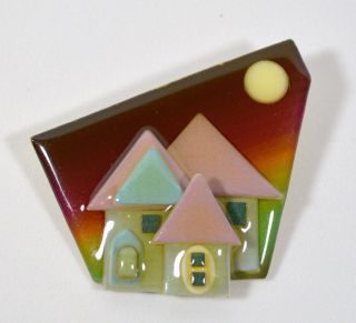 Rare Vintage House Pin By Lucinda - Dark Rainbow & Full Moon With Pastel Houses