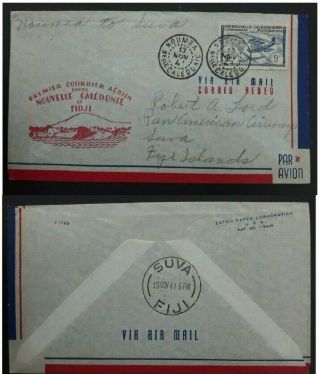 Rare 1941 Caledonia 1st Airmail Between Nc & Fiji Cover Ties 9f Stamp