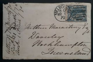 Rare 1870 - Victoria Australia Cover Ties 6d Blue Laureate Stamp Melb - Rockhamptn