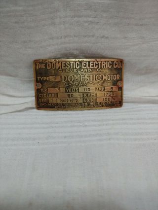 Vtg Antique The Domestic Electric Motor Base Id Tag Plate Rare