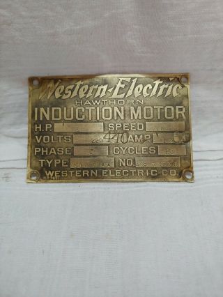 Vintage Antique Western Electric Motor Id Tag Plate Induction.  Rare