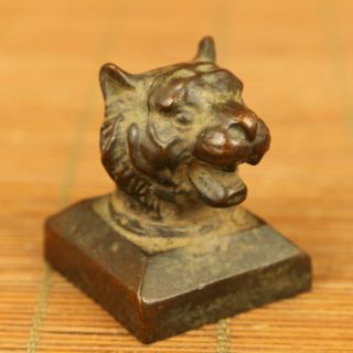 Rare Chinese Old Bronze Hand Casting Tiger Head Statue Netsuke Seal Decoration