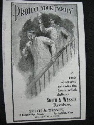 Rare 1900s Smith&wesson Revolver Vtg Print Ad Man Holds Gun Protects Family/wife