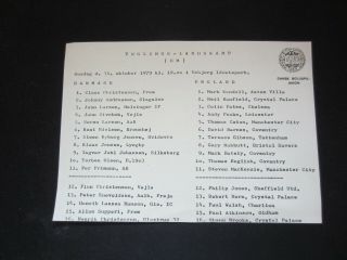 1979 - 80 Rare International U21 Denmark V England Team Sheet