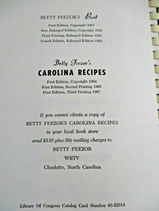 RARE 1967 BETTY FEEZOR ' S CAROLINA RECIPE COOKBOOK EDITION 1ST ED 3RD PRINTIN 3