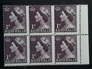 Rare 1953 - Australia Blk 6x1d Purple Qe2 Stamps Misperfed Unc Muh