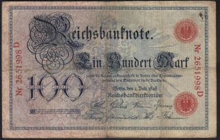 1898 100 Mark Germany Rare Old Vintage Paper Money Banknote Currency P 20a F