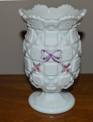 Rare Vintage Westmoreland Milk Glass Footed Vase – Hand - Painted Detail