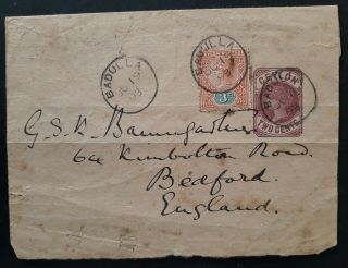 Rare 1893 Ceylon Wrapper With 2c Qv And Extra 3c Qv Stamp Canc Badulla To Uk