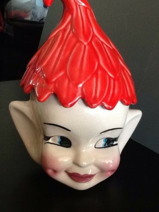 Vintage Elf Pixie Head Pottery Ceramic Cookie Jar W/ Rare Red Leaf Hat