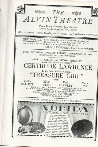 60814.  Rare Nov 1928 Broadway Program Treasure Girl " Gertrude Lawrence Musical