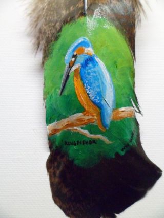 Kingfisher - Hand Painted Rare Turkey Feather,  By Artist W.  W.  Hoffert