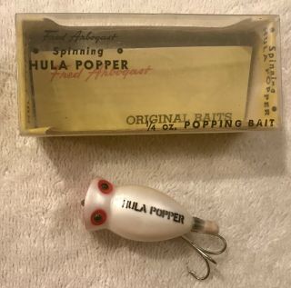 Fishing Lure Fred Arbogast Hula Popper Rare Pre Trailer Hook Pearl W/ Box Papers