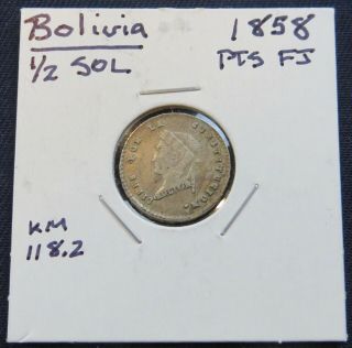 1858 Pts Fj Bolivia Half - Sol Rare Silver Coin