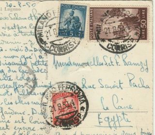 Italy - Egypt Rare Airmail P.  C.  Tied 65l.  Sent From Milano To Cairo 1950