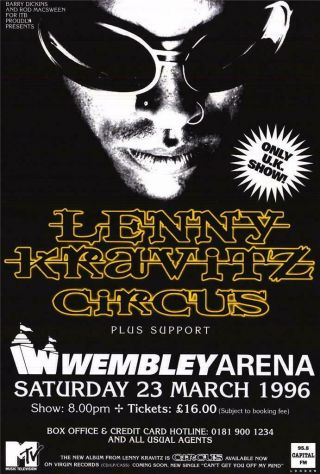 Lenny Kravitz : Circus 1996 Rare English Tour Promo Poster