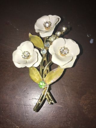 Rare Vintage Brooch Pin Signed Coro Enamel Whit Ab Rhinestone Flower Pin Brooch